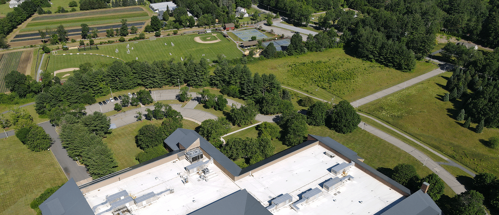Drone photo of campus and fields